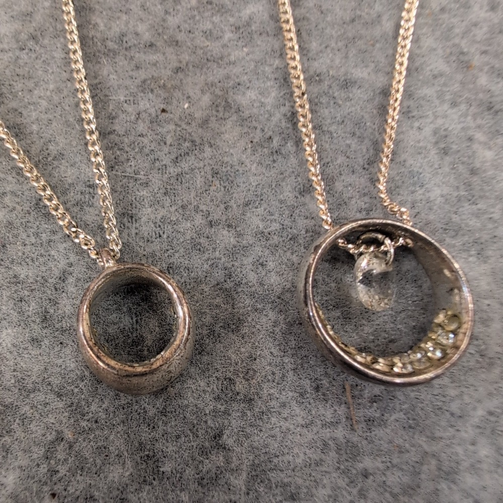 Two Tone Circle Pendant Double Layer Necklace Rhinestone Accent Modern - Picture 1 of 5